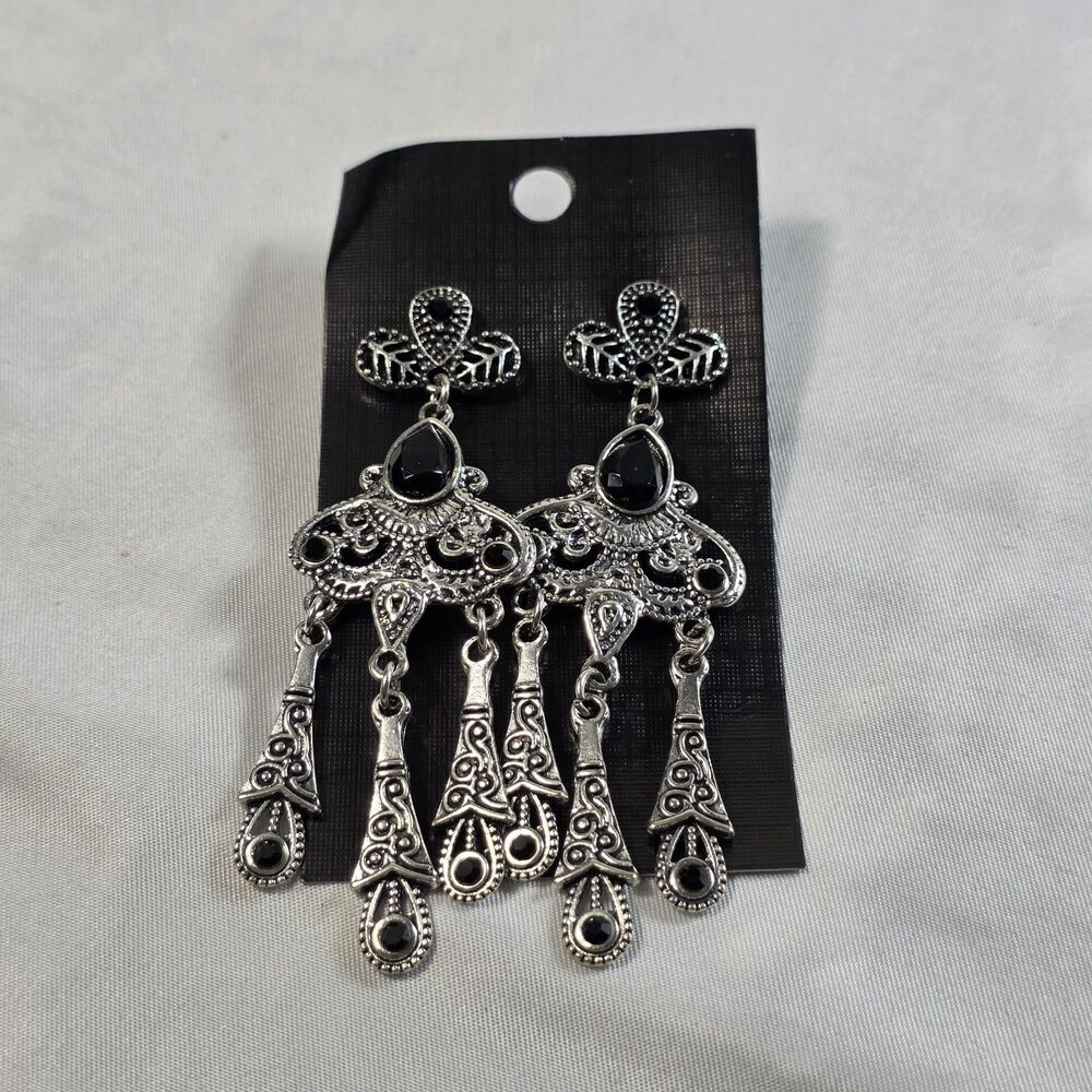 Vintage Style Antique Silver Filigree Black Stone Chandelier Dangle Earrings